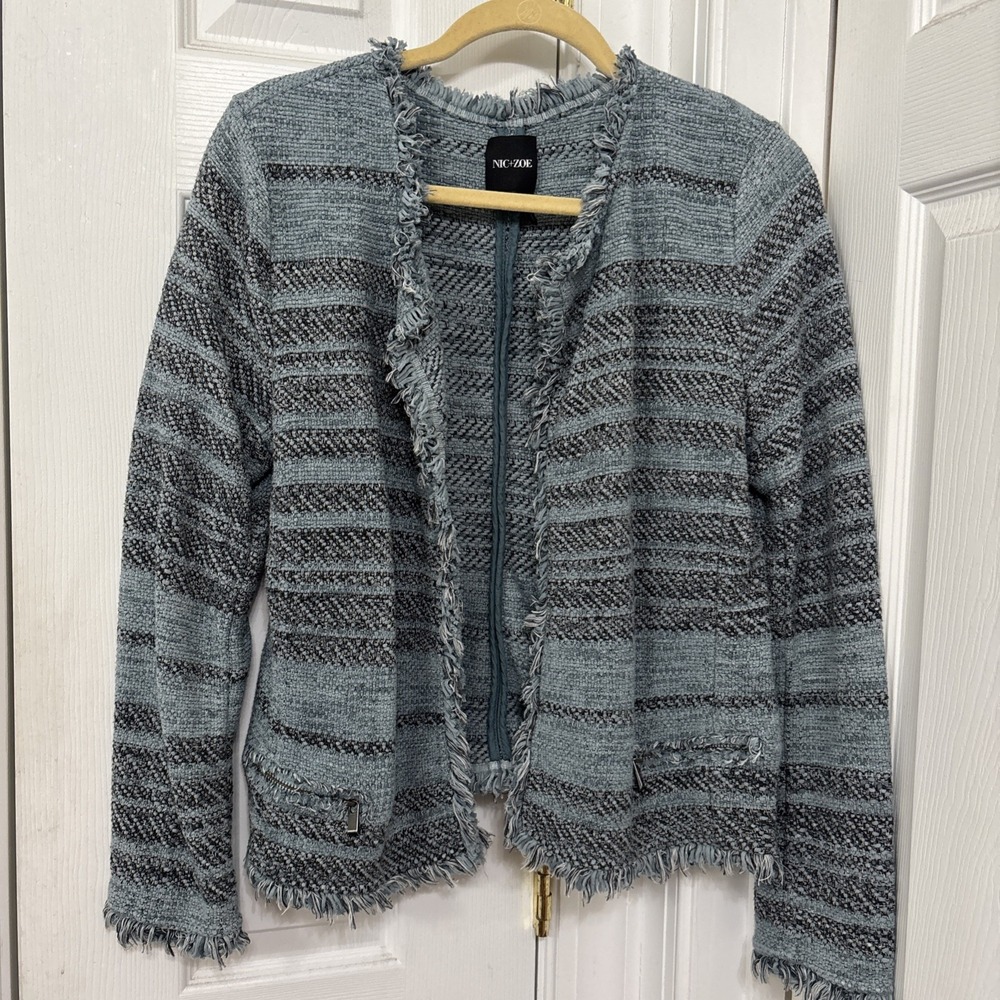 Nic + Zoe Fringed Mix Knit Open Front Jacket Blue Gray Tweed XL